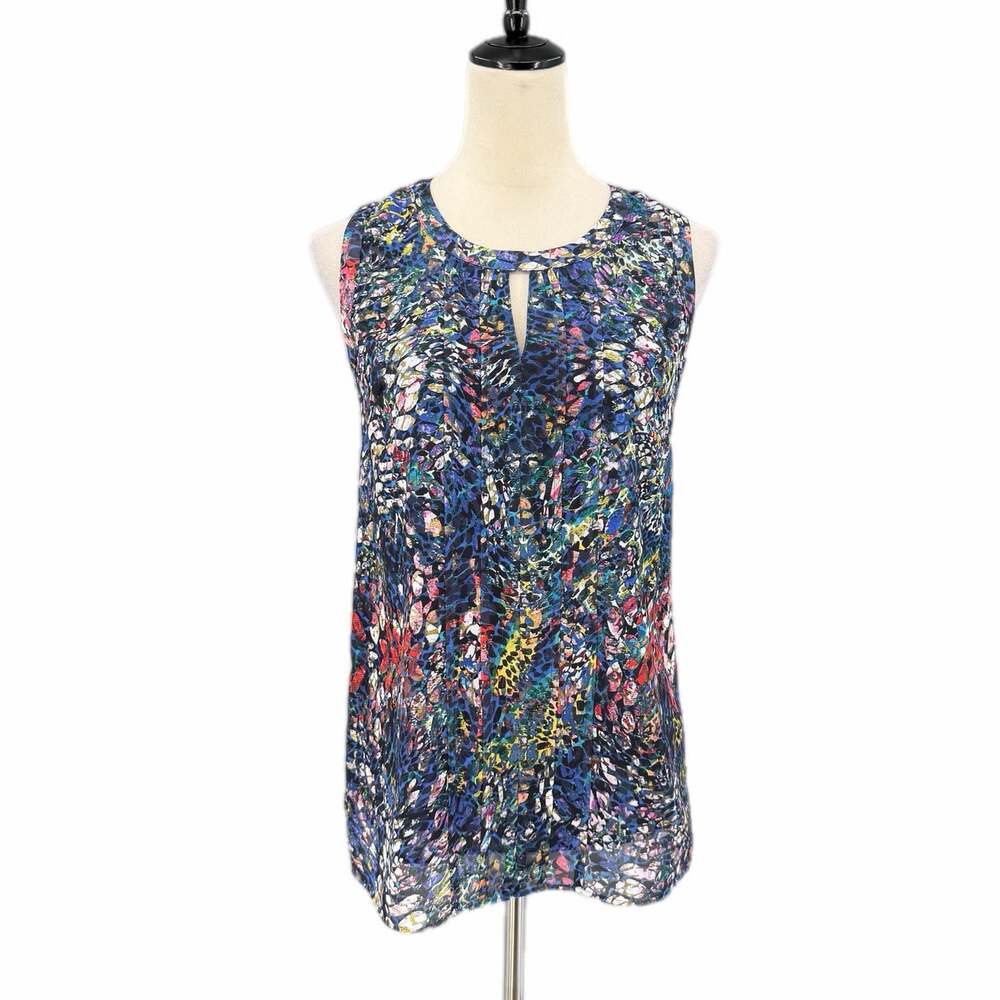 Cabi 3093 Keyhole Pleat Blue Multi Abstract Stained Glass Sleeveless Blouse Top